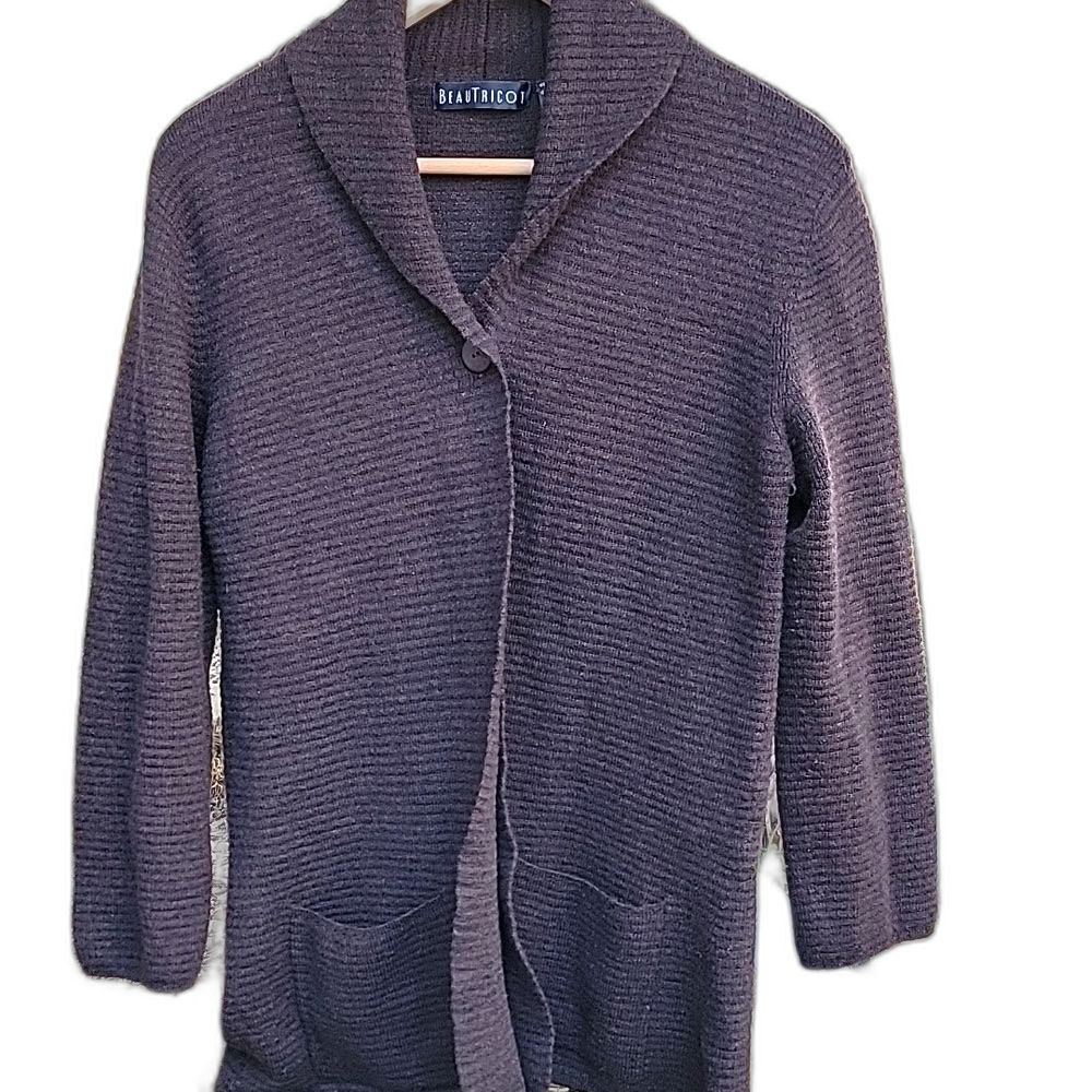 Vintage‎ Beautricot 100% italian merino wool brown ribbed pocket cardigan S EUC